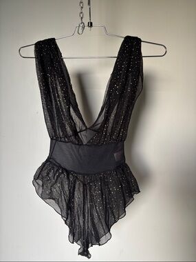 Vintage Black Sheer Plunge Bodysuit with Gold Glitter Dots